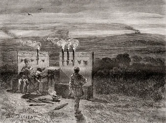 O historiador grego Políbio a trabalhar no Quadrado de Políbio ou tabuleiro de xadrez, um sistema que inventou como auxílio à telegrafia utilizando conjuntos de tochas, de Les Merveilles de la Science, publicado por volta de 1870 (gravura)