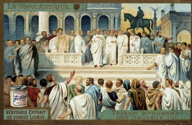 Roma antiga: tribuno propondo uma nova lei - Liebig Cromolitografia, v.1900