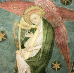 Músico de anjo tocando uma harpa, detalhe do cofre da cripta