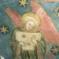 Músico de anjo tocando um saltério, detalhe da abóbada da cripta