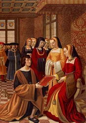 Ana da Bretanha (1477-1514) rodeada pelas suas damas de honra. Cromolitografia depois de uma miniatura do século XVI. Biblioteca de Arts Deco, Paris