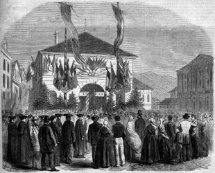 Anexação da Sabóia à França, Chambery, 22 de Abril de 1860: voto da população sobre a anexação da Sabóia à França. Gravura no "Le Monde Illustré" n°160 de 5 de Maio de 1860.