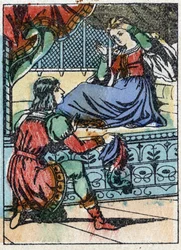 Ilustração anônima de "La belle au bois dormant", conto de Charles Perrault (1628-1703), escritor francês. Gravura em madeira de "Imaging Pellerin" - Epinal, sd. Final do século XIX.