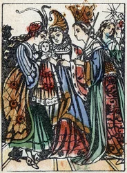 Ilustração anônima de "La belle au bois dormant", conto de Charles Perrault (1628-1703), escritor francês. Gravura em madeira de "Imaging Pellerin" - Epinal, sd. Final do século XIX.