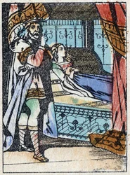 Ilustração anônima de "La belle au bois dormant", conto de Charles Perrault (1628-1703), escritor francês. Gravura em madeira de "Imaging Pellerin" - Epinal, sd. Final do século XIX.