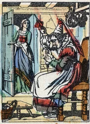 Ilustração anônima de "La belle au bois dormant", conto de Charles Perrault (1628-1703), escritor francês. Gravura em madeira de "Imaging Pellerin" - Epinal, sd. Final do século XIX.