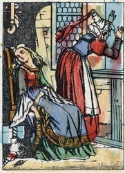 Ilustração anônima de "La belle au bois dormant", conto de Charles Perrault (1628-1703), escritor francês. Gravura em madeira de "Imaging Pellerin" - Epinal, sd. Final do século XIX.