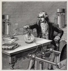 Antoine Laurent de Lavoisier (1743-1794) conduzindo uma experiência - em "Physique populaire" de Emile Desbeaux