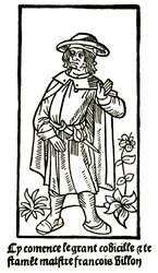 Retrato apócrifo do poeta François Villon em "O Grande Testamento" - "Cy comence le grant codicille & testamet maistre François Villon"". (aqui começa o grand codicille et testament) edição P Levet 1489 (xilogravura)