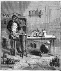 Apparatus de Eugene SOUBEIRAN (1797-1858) para a preparação de bicarbonato de sódio - Gravura em "Ciências trazidas às graças de todos - Física e química popular" de Alexis Clerc - Final do século XIX - Coleção particular