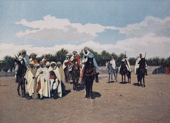 Prisioneiros árabes: Um comboio de prisioneiros árabes é levado em frente à Agha sob a escolta de dairos comandada por um spahi- no "Álbum Militar" - Spahis