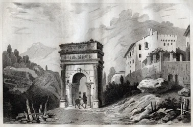 Arco de Augusto (Susa) - Arco de Augusto (Susa) - Arco di Augusto (Susa) - Gravura de "Itália Pitoresca" - Pintura Histórica e Descritiva da Itália" de M. de Norvins, Ch. Nodier 1834-1836.
