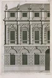 Projeto arquitetônico demonstrando proporções palladianas, gravadas por Bernard Picart (1673-1733) c.1716