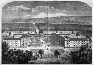 Arquitectura; visão geral do Asilo Imperial para trabalhadores convalescentes da Vesinet, construído de acordo com os planos do arquitecto Eugene Laval (1818-1869) e inaugurado em 1859. Gravura no "Le Monde Illustré" n°77 de 2 de Outubro de 1858.