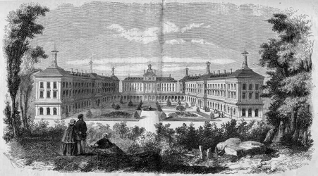 Arquitetura: visão geral do hospital militar de Vincennes (1858). Gravura em "Le Monde Illustré" n°61 de 12 de Junho de 1858.