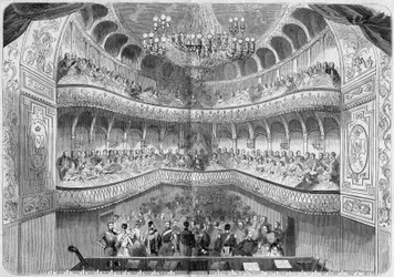 Arquitectura: vista interior do teatro (século XVIII) do palácio de Fontainebleau. Gravura em "Le Monde Illustré" n°61 de 12 de Junho de 1858.
