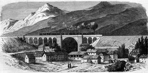 Arquitectura: vista do viaduto de Bellegarde (Rhone Alpes) na linha ferroviária que liga Lyon a Genebra. 1858. Gravura no "Le Monde Illustré" n°49 de 20 de Março de 1858.