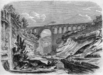 Arquitectura: vista do viaduto de Valserine (Rhone Alpes) na linha ferroviária que liga Lyon a Genebra. 1858. Gravura em "Le Monde Illustré" n°48 de 13 de Março de 1858.