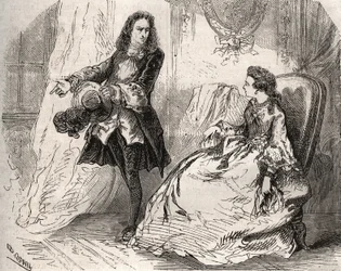 Armande Béjart (1641-1700), mulher de Jean-Baptiste Poquelin, dito Molière (1622-1673), com o seu amante, o conde de Guiche. Gravura de 1871 em «Histoire des Cocus Célèbres», de Henry de Kock (1819-1892).