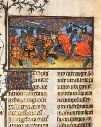 Armee fighter. Miniatura extraída do manuscrito de Francesco Petrarca ou Petrarca (1304-1374) italiano erudito, poeta e humanista, De Viris Illustribus, 23rv. Biblioteca da Universidade de Valência.