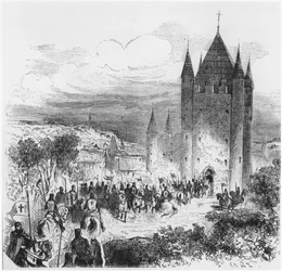 Exército, de, templários, entrar, a, templo, em, paris, ilustração, para, um, histoire, de, frança, meio, 19º século