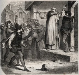 Arnaud du Tilh (Thil) está preso a uma forca e sujeito aos insultos da multidão antes da sua execução por usurpar a identidade de Martin Guerre (cerca de 1524 por volta de 1560). Gravura de 1871 em "Histoire Des Cocuses Celebres" de Henry de Kock (181