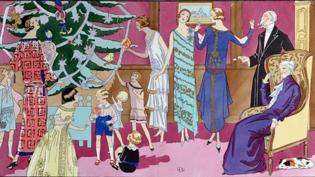Around the Christmas Tree, placa de moda da revista Art Gout Beaute, dezembro de 1923