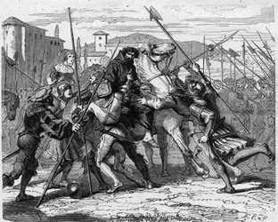 Prisão de Ludovico Maria Sforza, conhecido como il Moro (1452-1508), em Milão, em 1500: traído por mercenários suíços, caiu nas mãos do exército francês. Gravura em «História de França em cem pinturas», de Paul Lehugeur