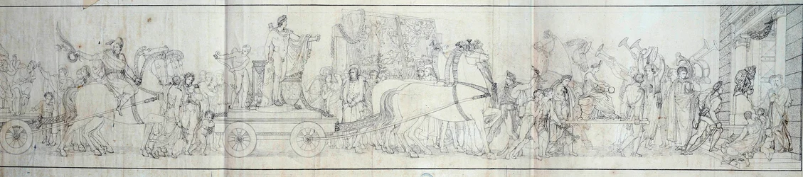 Chegada a Paris dos objetos conquistados pelo exército francês na Itália O saque de obras de arte foi o propósito de expedições de Dominique Vivant Denon sob as ordens do Cônsul Napoleão Bonaparte para o Musee Napoleon (hoje Museu do Louvre) Gravação de