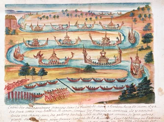 Chegada dos embaixadores franceses ao Sião, a partir de um relato dos jesuítas no Sião, 1688 (wc no papel)