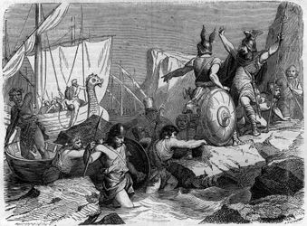 Chegada dos normandos à costa francesa na Idade Média. Gravação no "Histoire des papes-kings-queens-et-empereurs a travessa les centuries" de Maurice Lachatre