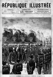 Chegada do Presidente da República Jules Grevy (1807-1891) nas celebrações de Cherbourg. Um jornal. Gravura de 1880 na colecção privada "La republique illustree".