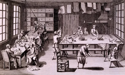 Artificial Flower Shop, ilustração da Enciclopédia ou um Dicionário Sistemático das Ciências, Artes e Ofícios de Denis Diderot, publicado em 1765