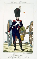 Artilheiro da Guarda Real com um canhão, de Troupes Francaises, pub. Chez Basset, Paris, c.1790