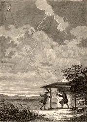 Impressão artística da investigação de Benjamin Franklin sobre a natureza eléctrica do relâmpago, de "Les Merveilles de a Science", de Louis Figuier, c.1870 (gravura)