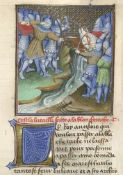 Arundel 67, f.144, soldados medievais lutando, através de um rio, de Chroniques d