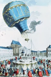 Ascensão do balão de ar quente dos irmãos Montgolfier perante a família real em Versalhes, em 1783