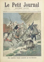 Assassinato de dois capitães franceses da Legião Estrangeira por marroquinos da tribo Beni-Smir, ilustração de capa de «Le Petit Journal», 9 de fevereiro de 1902