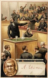 Assembléia aplaudindo Thiers, "libertador do território" e retrato em medalhão - cromo, final do século XIX.