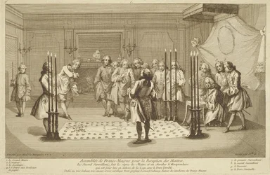 Assembleia de maçons antes da iniciação de um mestre, de As cerimónias da religião e do costume, c. 1733