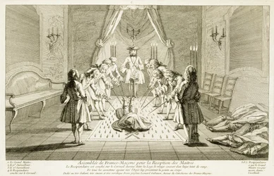 Assembleia de maçons para a iniciação de um mestre, de As cerimónias da religião e do costume, c. 1733