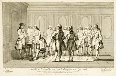 Assembleia de maçons para iniciar um aprendiz, de As cerimónias da religião e do costume, c. 1733