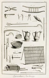 Variedade de ferramentas de jardinagem, da enciclopédia de Ciências e Metiers por Denis Diderot (1713-84) publicado c.1770