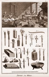 Workshop de um dourado sobre metais - "The Grande Encyclopedie, ou Dictionnaire Raisonne des Sciences, des Arts et des Metiers" (Enciclopédia ou Dicionário das Ciências, Artes e Profissões) por Denis Diderot (1713-1784) e Jean d