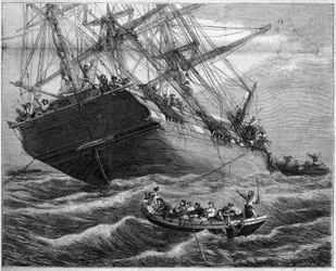 Ataque e pilhagem dos três tapetes franceses "Pauline et Victoire" pelos piratas malaios em Detroit de Torres (Oceania), em 1859. Desenho do Sr. Durant Brager. Gravura de Linton em "The Illustrous World" n°94 de 29 de Janeiro de 1859.
