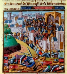 Ataque a uma cidade fortificada Miniatura em "Le miroir historial" (Speculum Historiale) de Vincent de Beauvais (1190-1264) traduzida para francês por Jean de Vignay