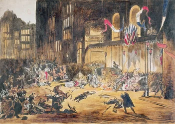 Tentativa sobre a vida de Napoleão III e sua esposa Eugenie por Felice Orsini e três cúmplices em 4 de janeiro de 1858 em Paris (gravura a cores)