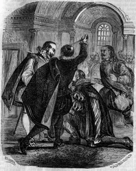 Tentativa de assassinato de Jean Chastel (Jean Chatel) (1575-1594) contra o rei de França Henrique IV em 27 de dezembro de 1594. Gravura do século XIX.