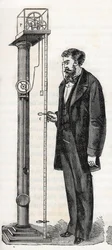 Máquina de Atwood inventada em 1784 por George Atwood (1745-1807) - Máquina de Atwood - Gravura em «Ciências ao alcance de todos - Física e química populares», de Alexis Clerc - Finais do século XIX - Colecção particular