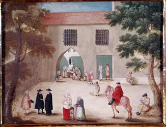 Aumones no pátio da abadia de Port Royal des Champs Vista do pátio interior de Port-Royal-des-Champs. Pintura anónima da escola francesa